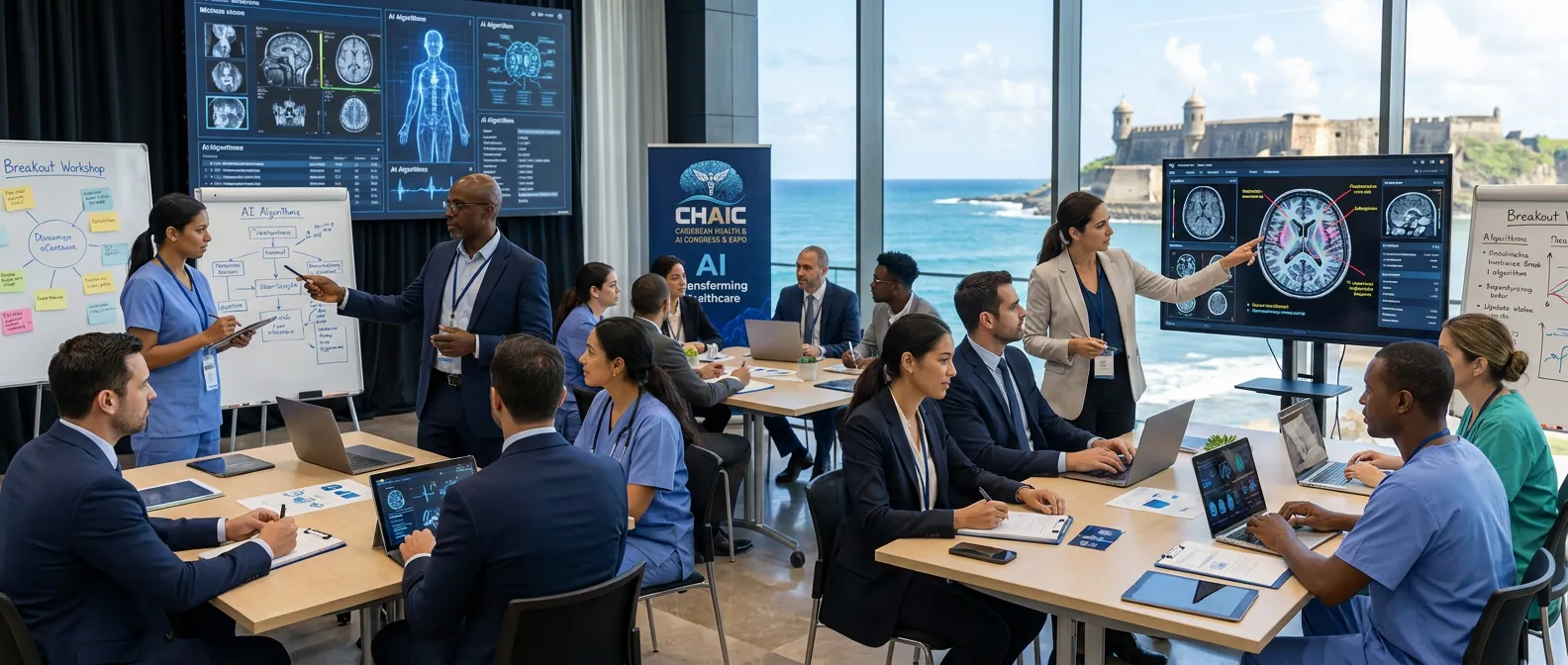 Clinicians and healthcare leaders collaborating in a CHAIC hands-on AI workshop overlooking San Juan